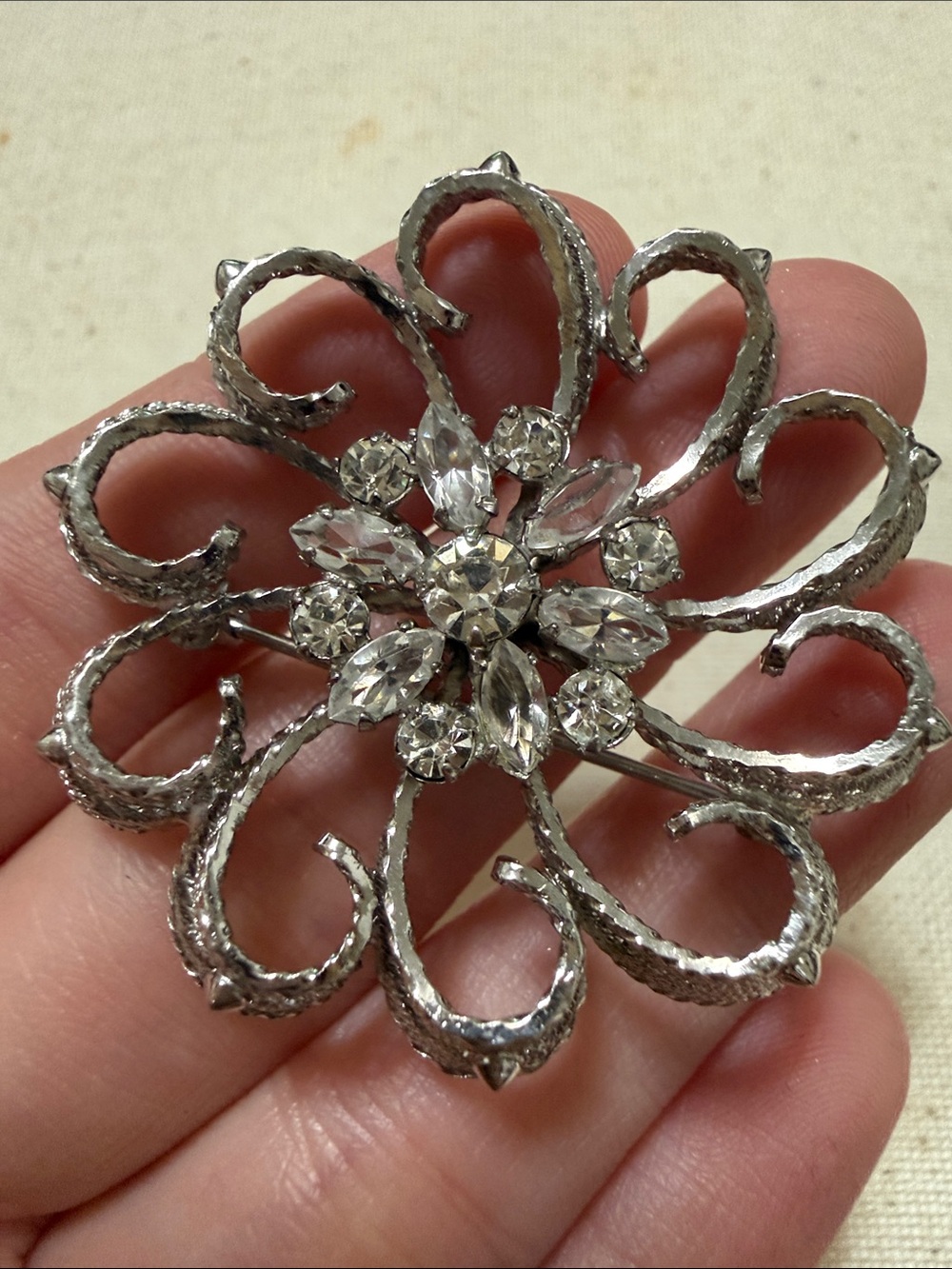 AM LEE Sterling Silver Rhinestone Floral Brooch Pin